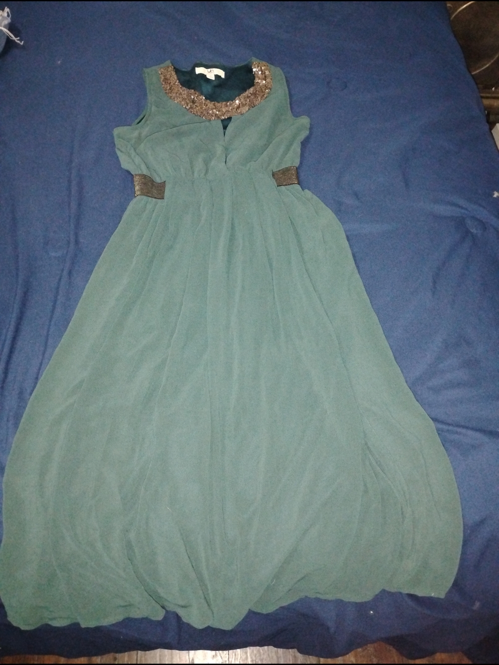 Dark Green Champagne Sequence Neckline Maxi Dress